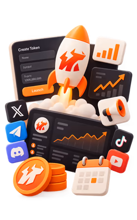 MCAPS token launch rocket surrounded by creator dashboards and social tools