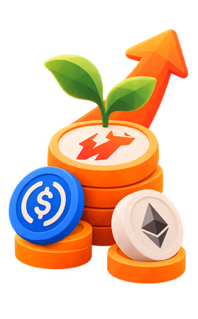 A growing sprout above MCAPS coins with Ethereum and dollar tokens