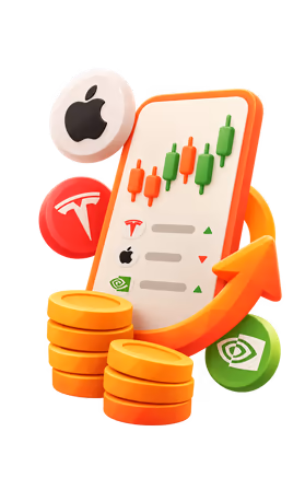 Stock trading screen with Apple, Tesla, and NVIDIA tokens