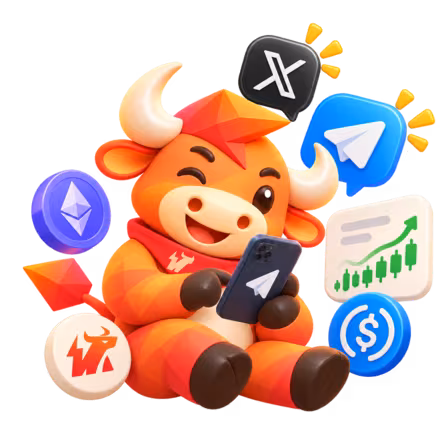 MCAPS bull with X and Telegram chat bubbles, tokens, and a market chart